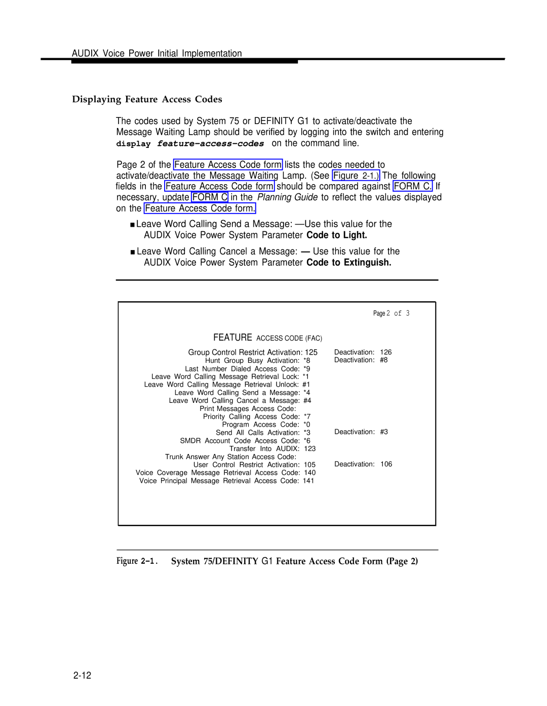 AT&T 2.1.1 manual Displaying Feature Access Codes, System 75/DEFINITY G1 Feature Access Code Form 