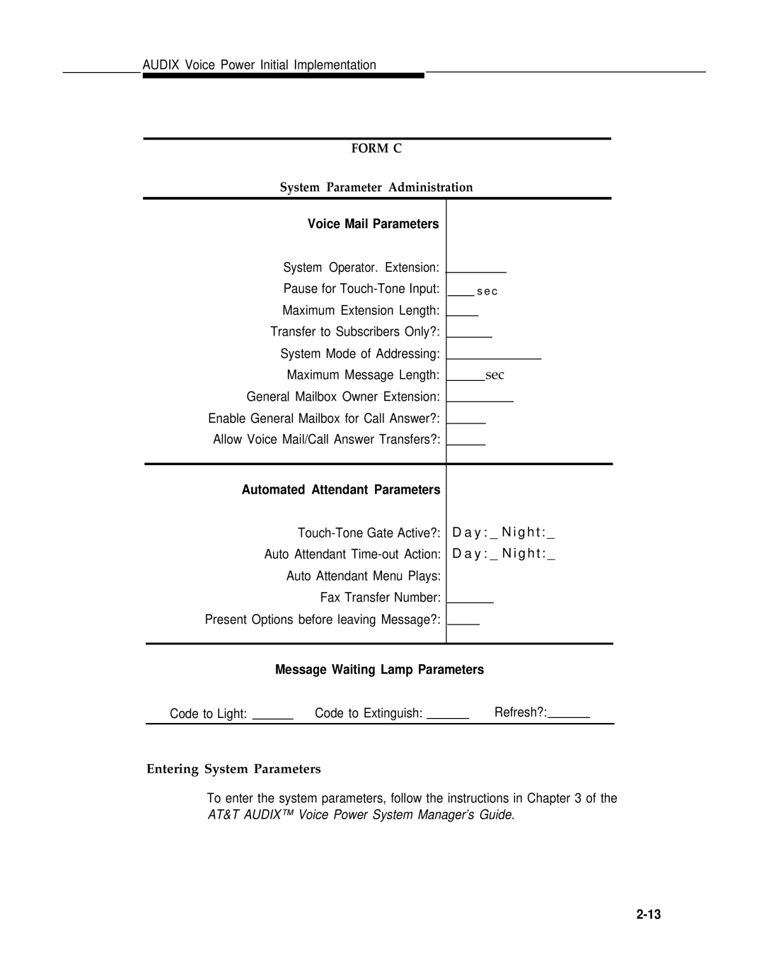 AT&T 2.1.1 manual System Parameter Administration, Entering System Parameters 