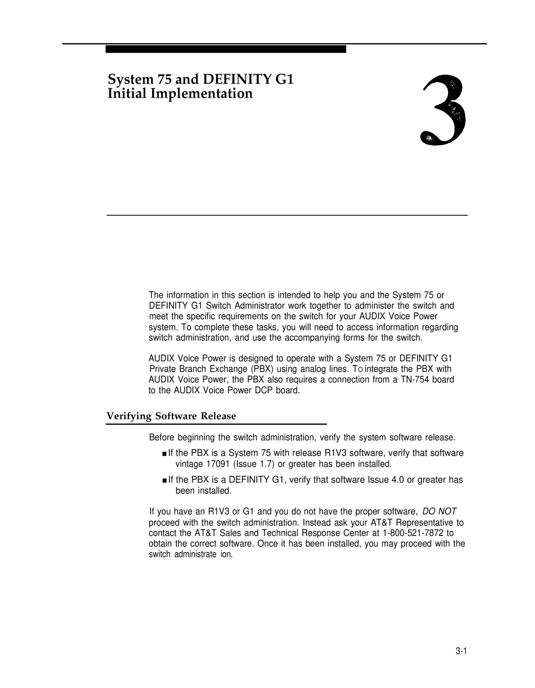 AT&T 2.1.1 manual System 75 and Definity G1 Initial Implementation, Verifying Software Release 