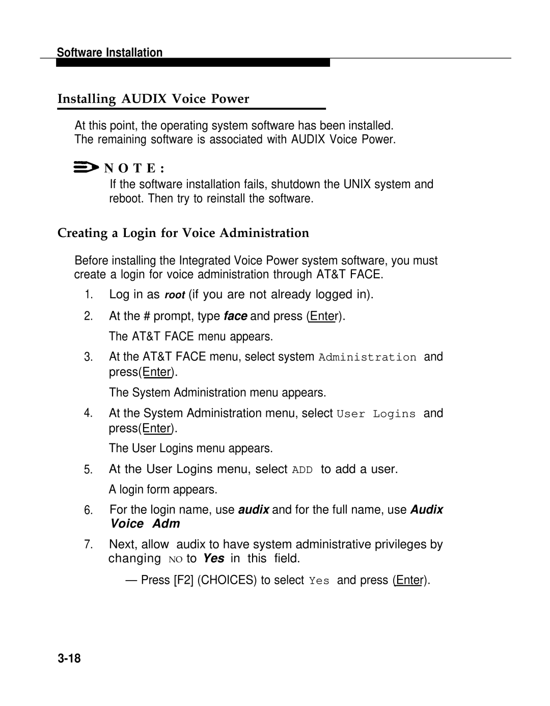 AT&T 2.1.1 manual Installing Audix Voice Power, Creating a Login for Voice Administration 