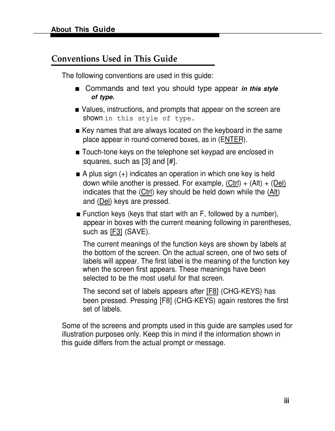 AT&T 2.1.1 manual Conventions Used in This Guide, Shown in this style of type 