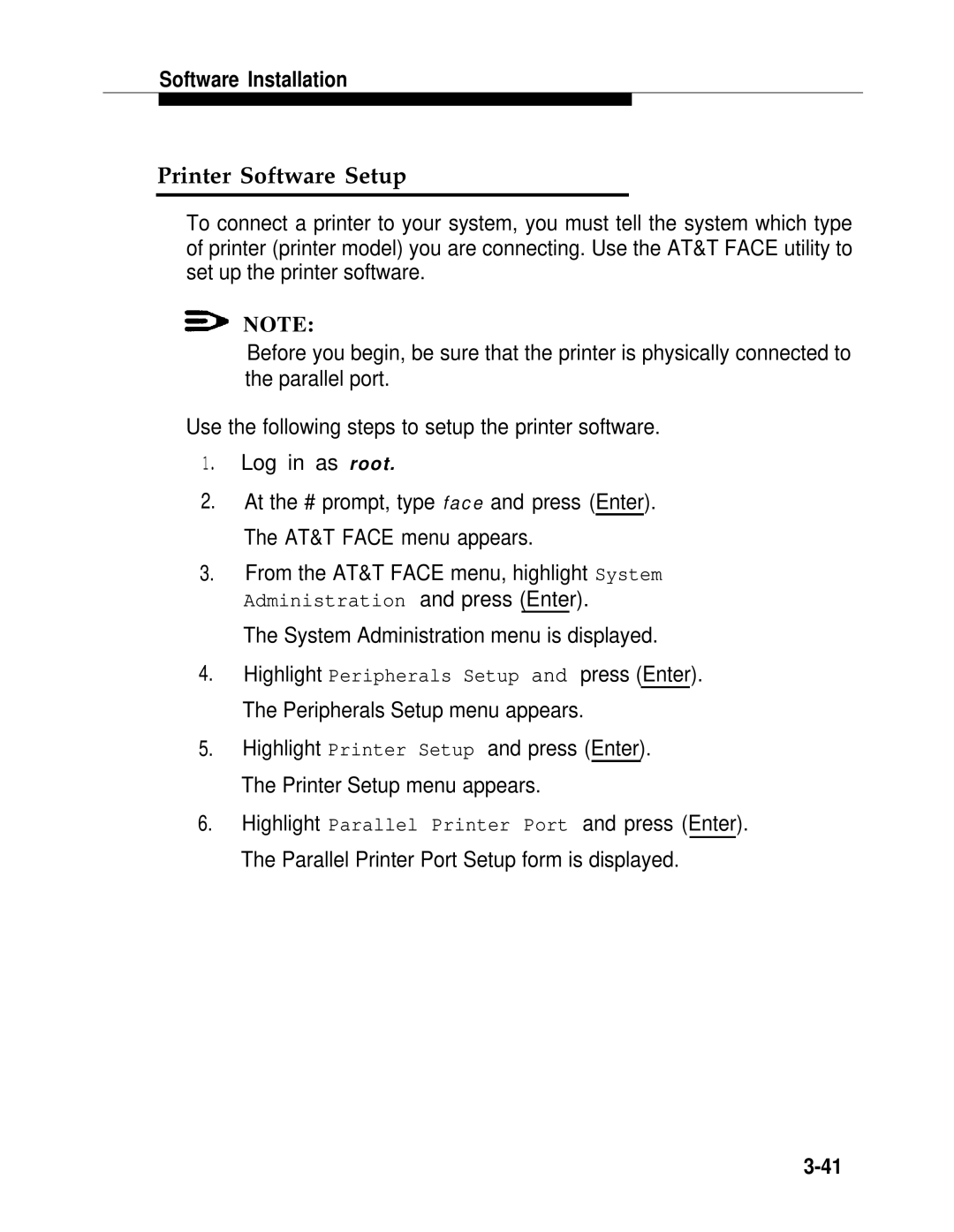 AT&T 2.1.1 manual Printer Software Setup, System Administration menu is displayed 