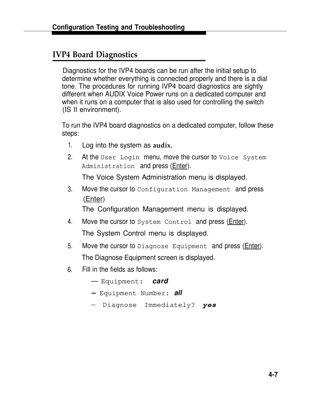 AT&T 2.1.1 manual IVP4 Board Diagnostics, Voice System Administration menu is displayed 