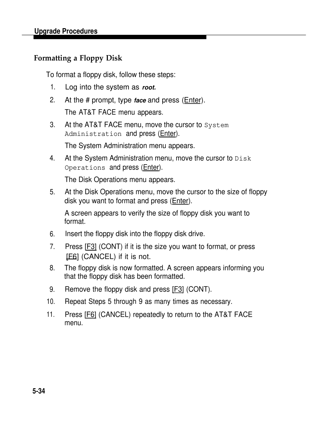 AT&T 2.1.1 manual Formatting a Floppy Disk, System Administration menu appears 