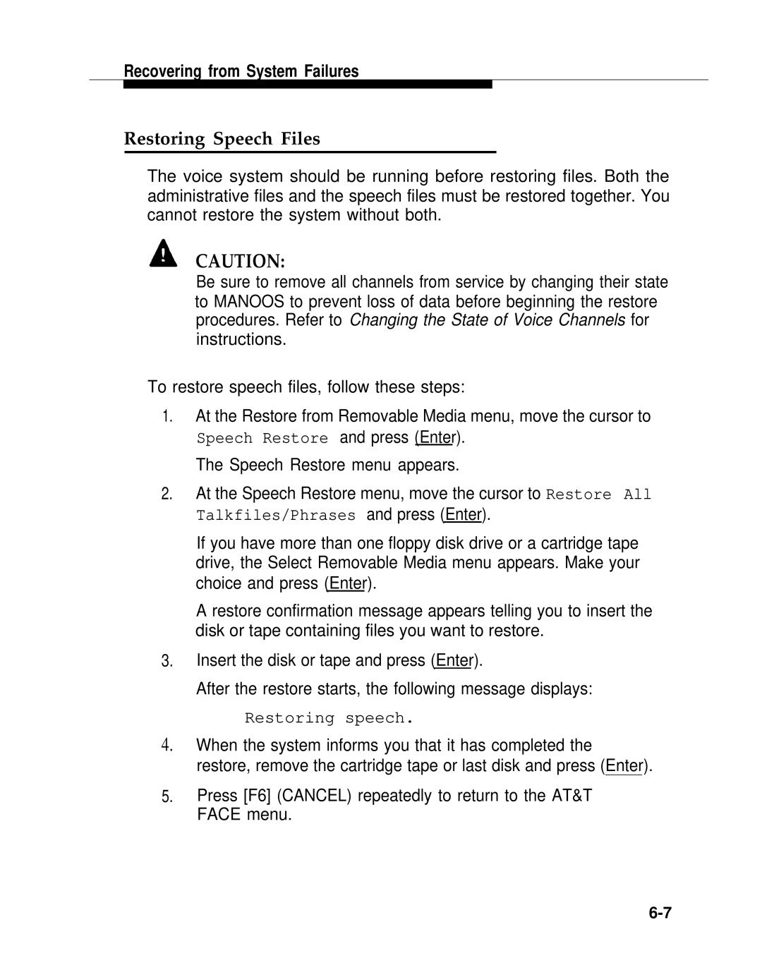 AT&T 2.1.1 manual Restoring Speech Files, Restoring speech 