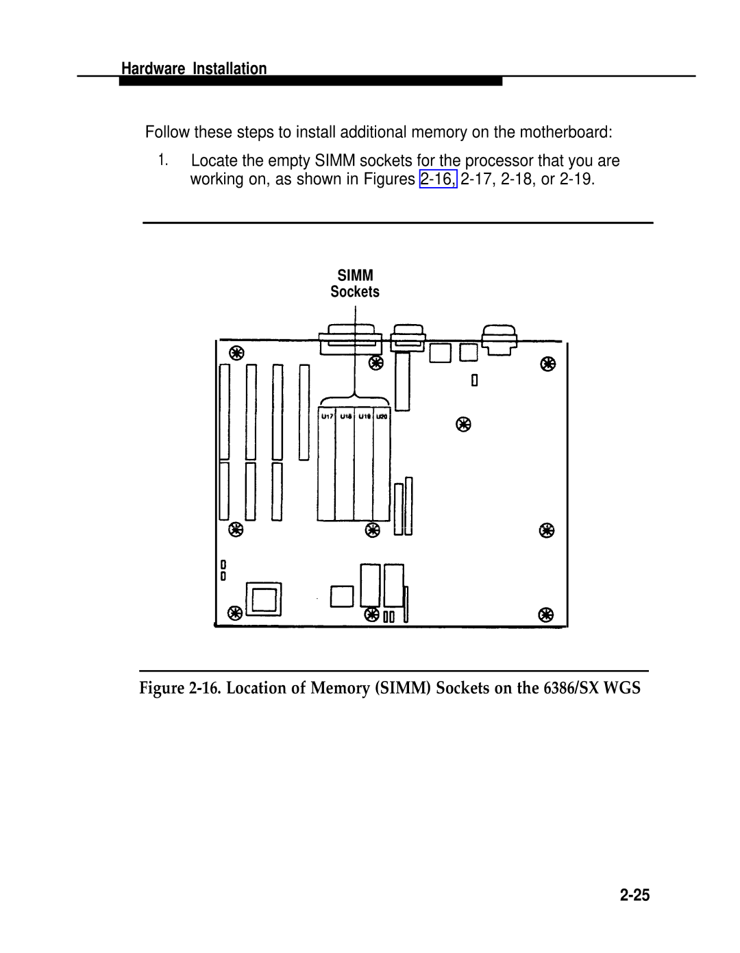 AT&T 2.1.1 manual Location of Memory Simm Sockets on the 6386/SX WGS 