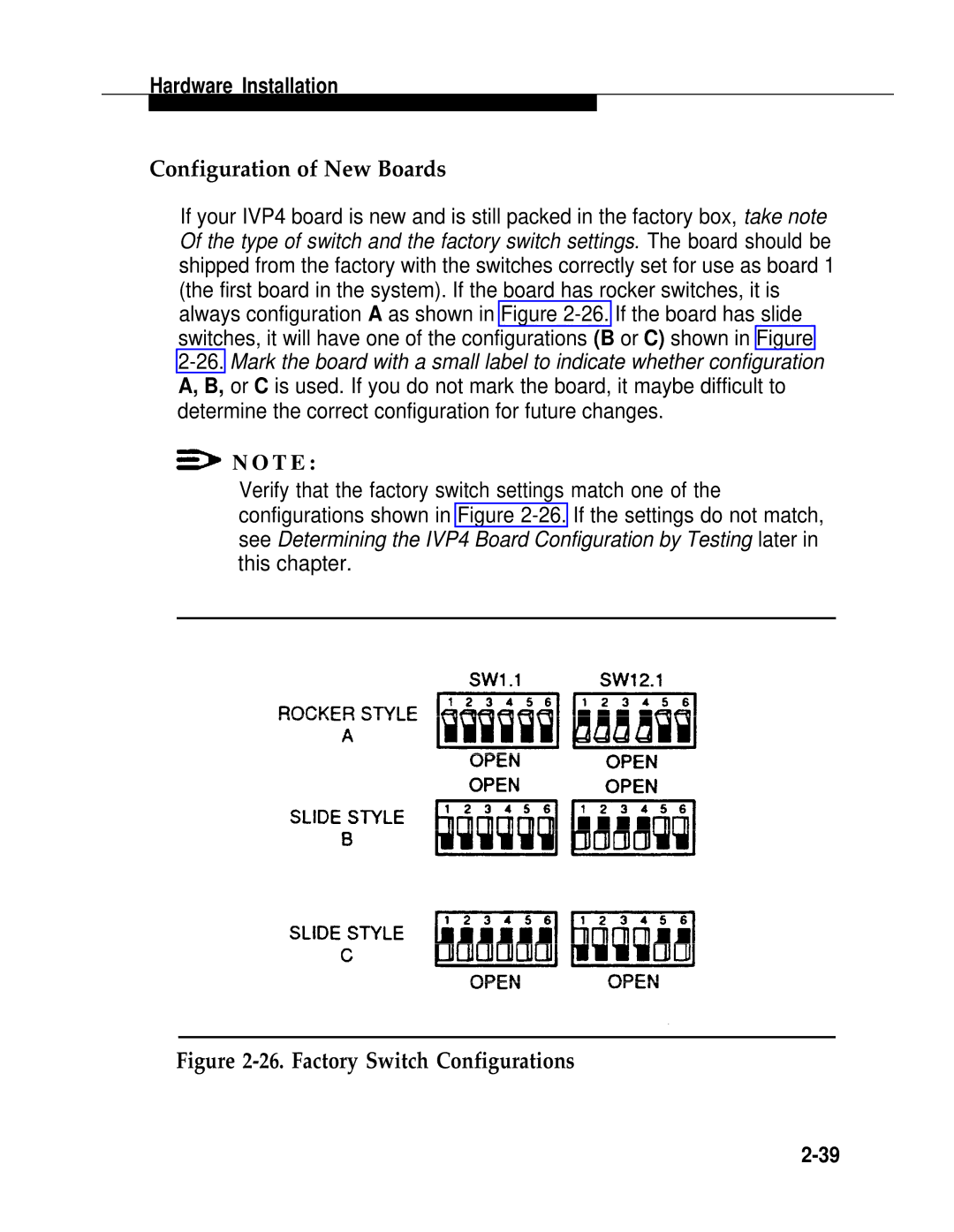 AT&T 2.1.1 manual Configuration of New Boards, Factory Switch Configurations 