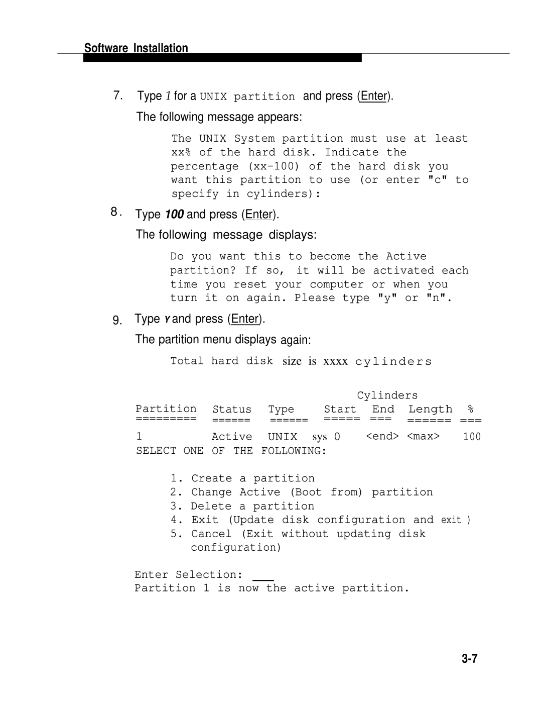 AT&T 2.1.1 manual Type 100 and press Enter Following message displays, Type Y and press Enter Partition menu displays again 