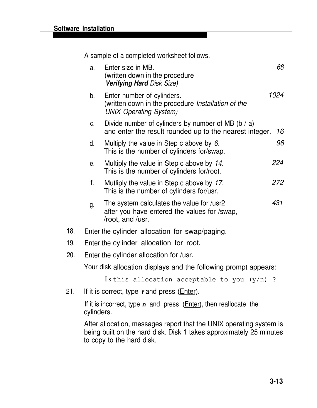 AT&T 2.1.1 manual Enter number of cylinders, System calculates the value for /usr2 