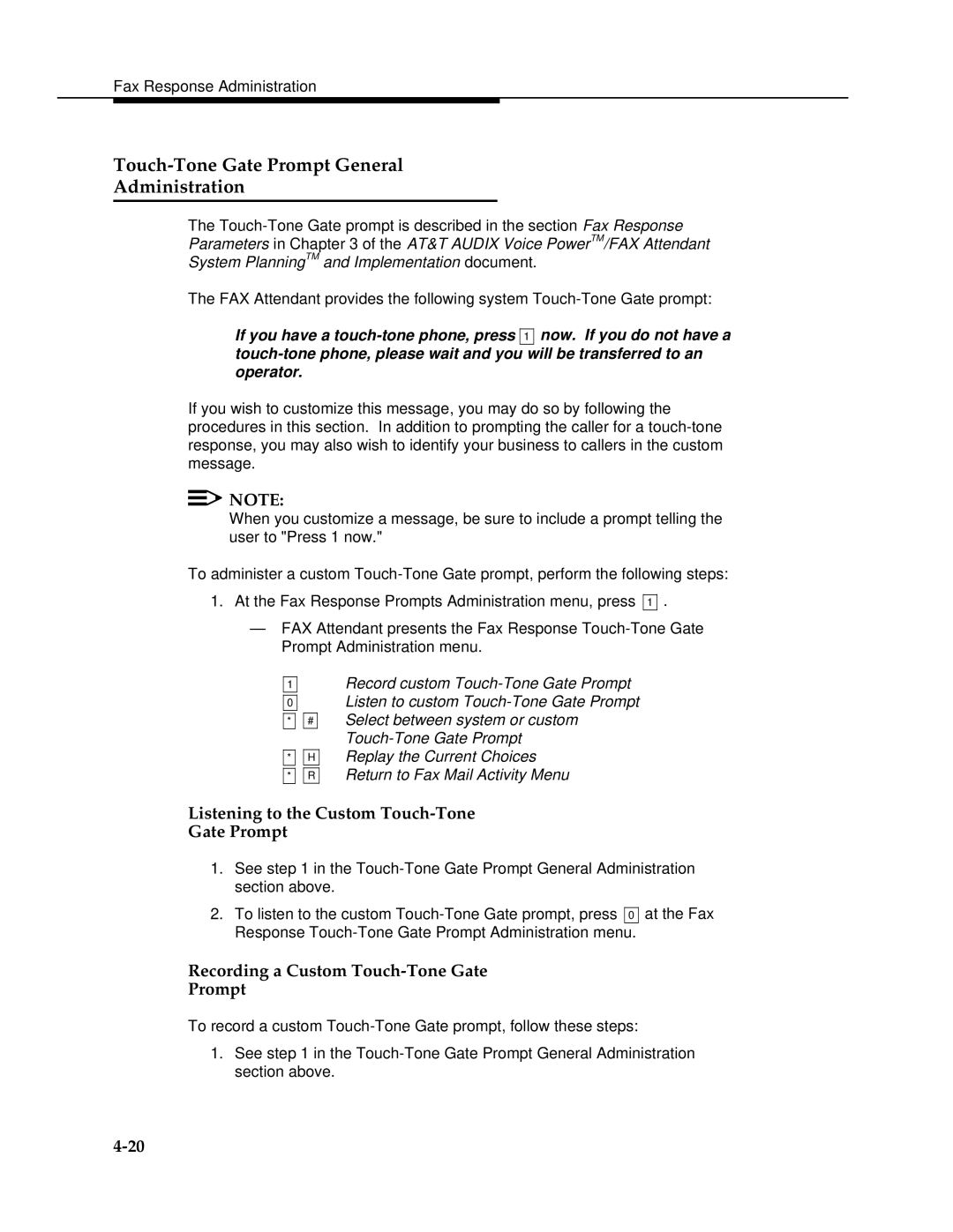 AT&T 2.1.1 manual Touch-Tone Gate Prompt General Administration, Listening to the Custom Touch-Tone Gate Prompt 