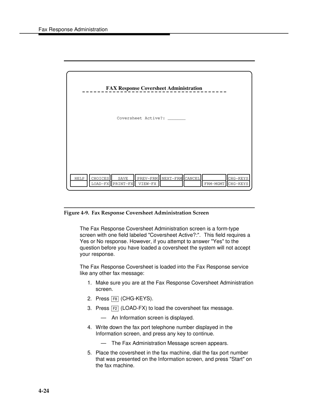 AT&T 2.1.1 manual FAX Response Coversheet Administration, Fax Response Coversheet Administration Screen 