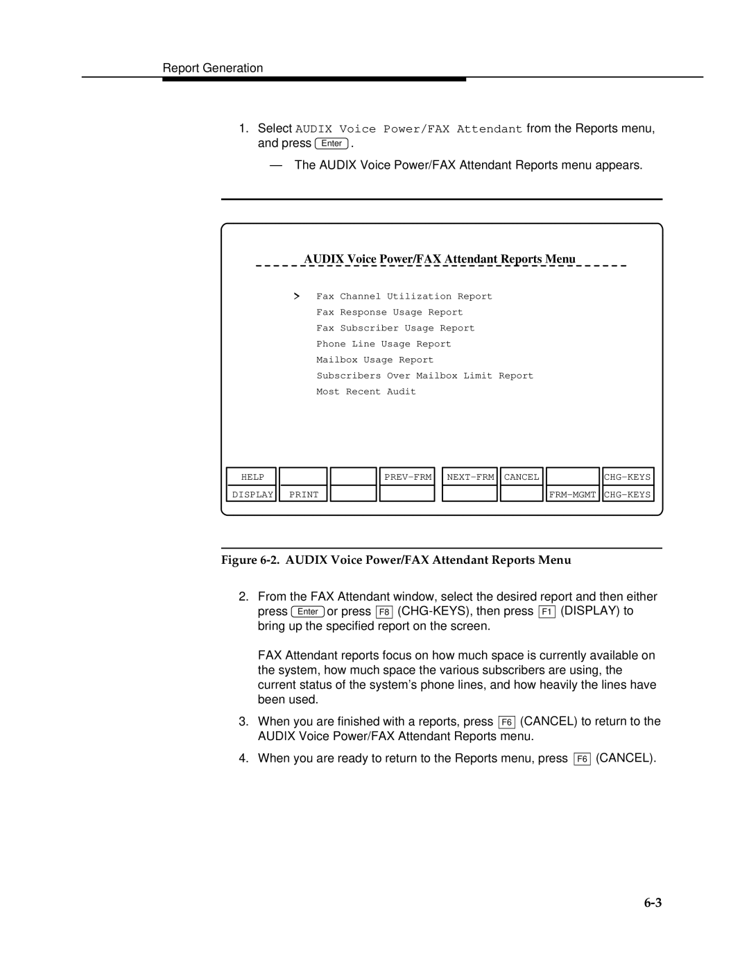 AT&T 2.1.1 manual Audix Voice Power/FAX Attendant Reports Menu 