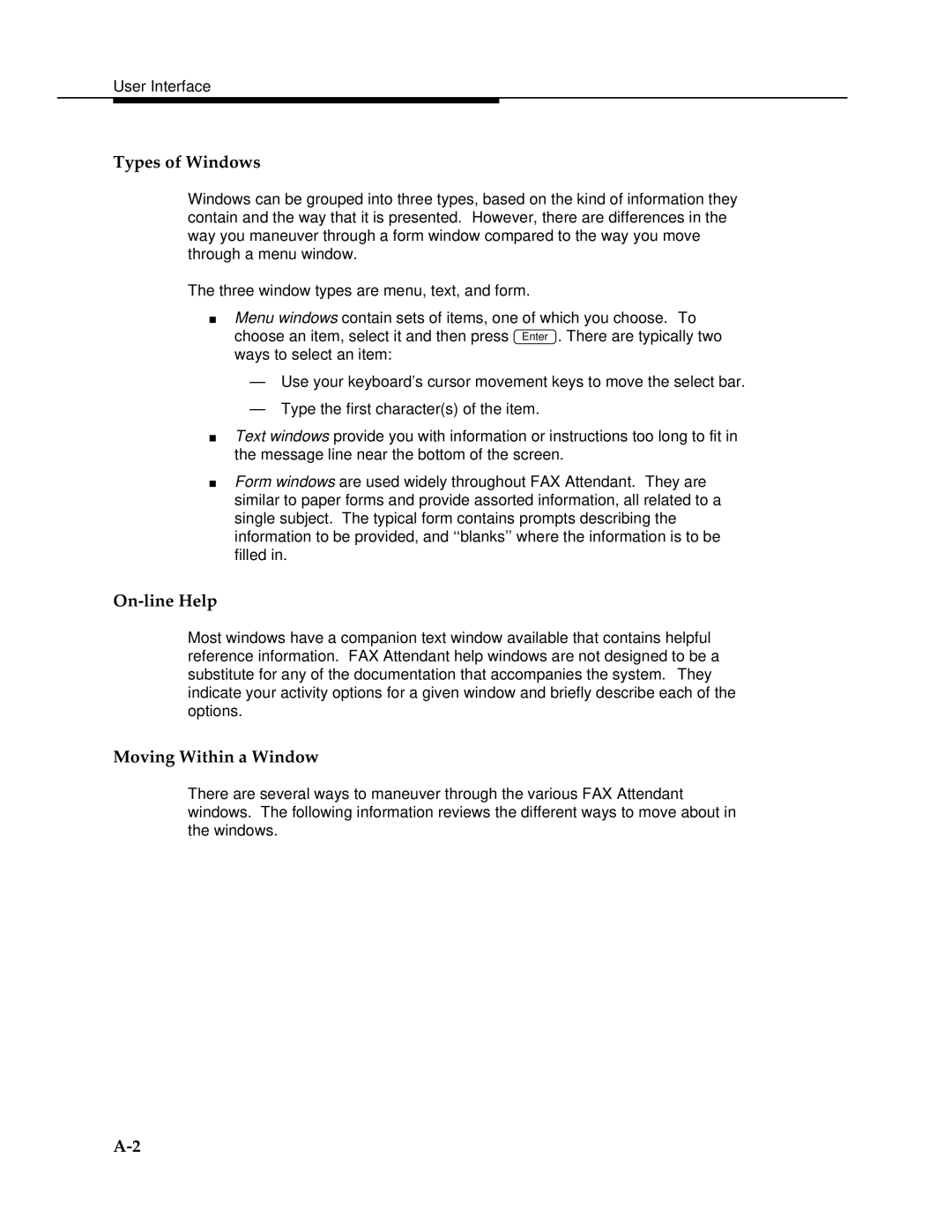 AT&T 2.1.1 manual Types of Windows, On-line Help, Moving Within a Window 