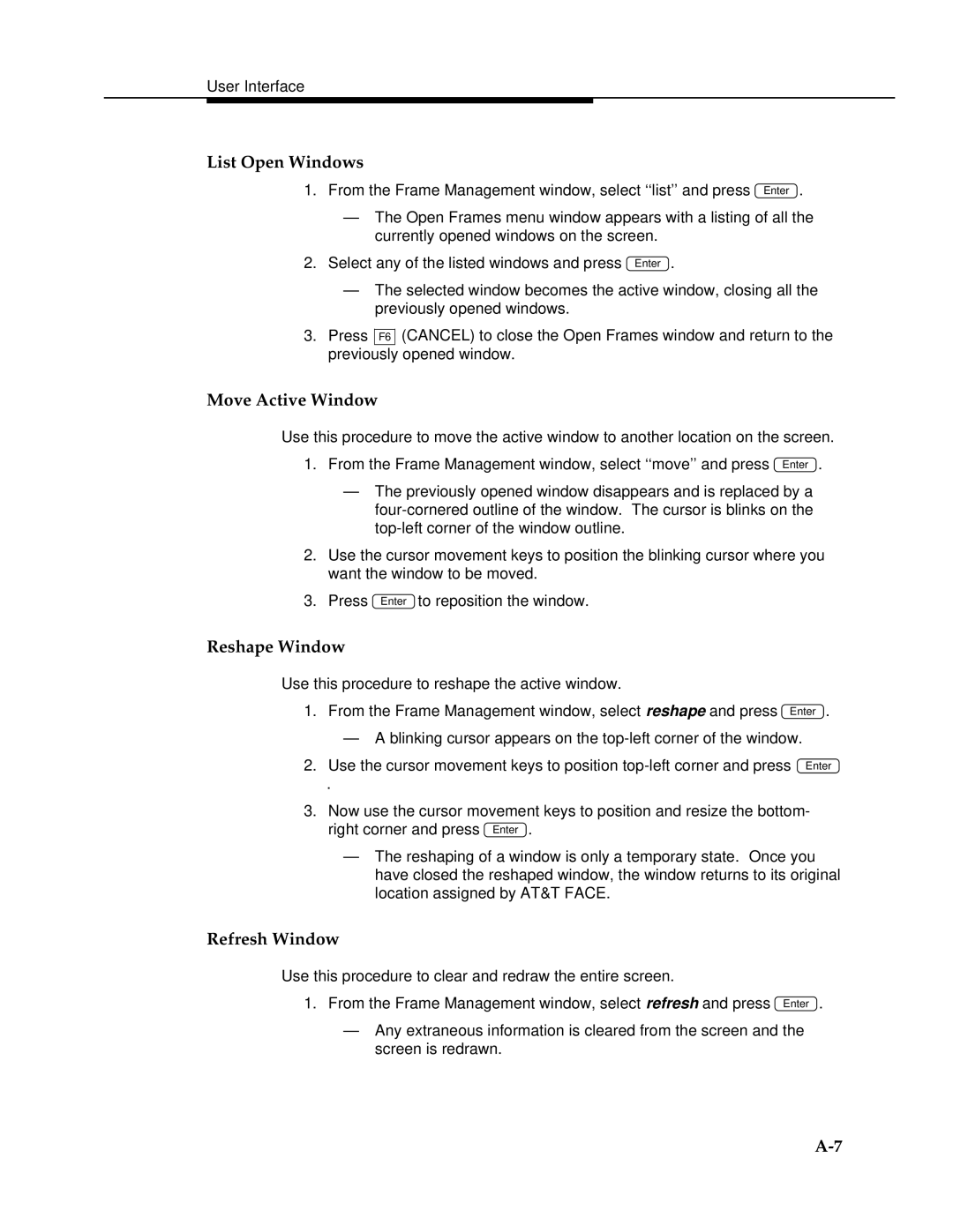 AT&T 2.1.1 manual List Open Windows, Move Active Window, Reshape Window, Refresh Window 