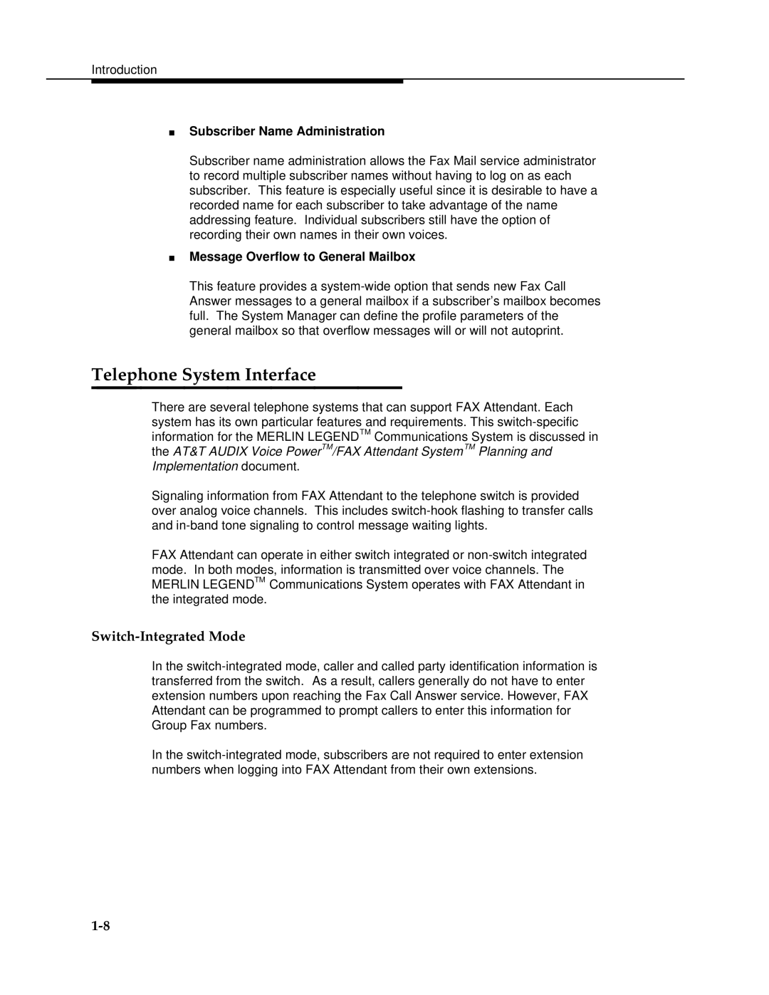 AT&T 2.1.1 manual Telephone System Interface, Switch-Integrated Mode, Subscriber Name Administration 