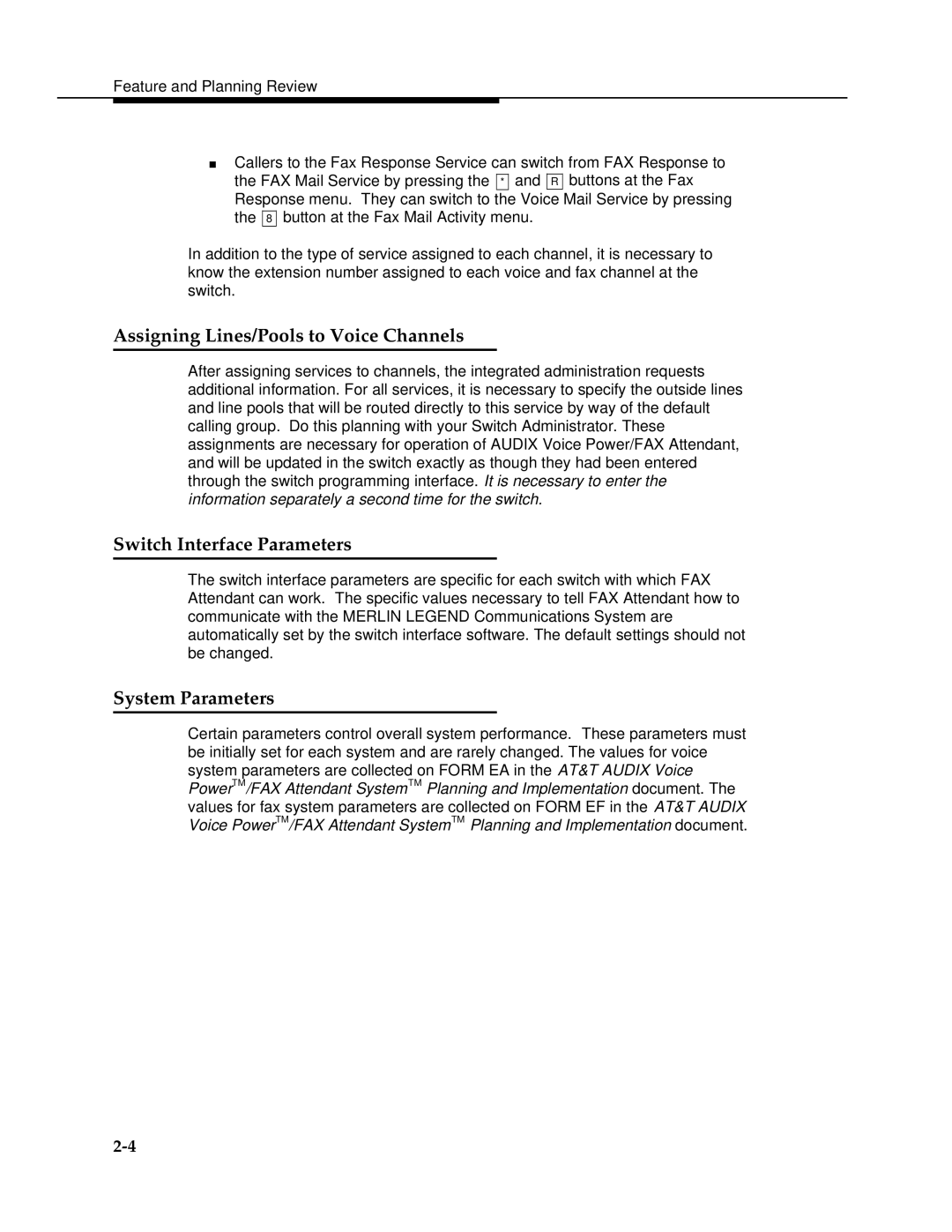 AT&T 2.1.1 manual Assigning Lines/Pools to Voice Channels, Switch Interface Parameters, System Parameters 