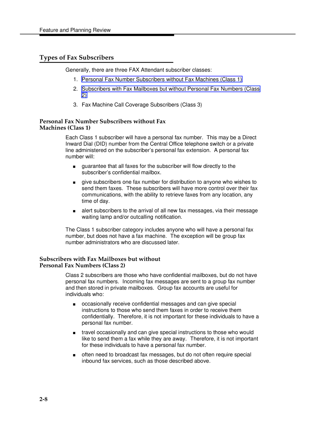 AT&T 2.1.1 manual Types of Fax Subscribers, Personal Fax Number Subscribers without Fax Machines Class 