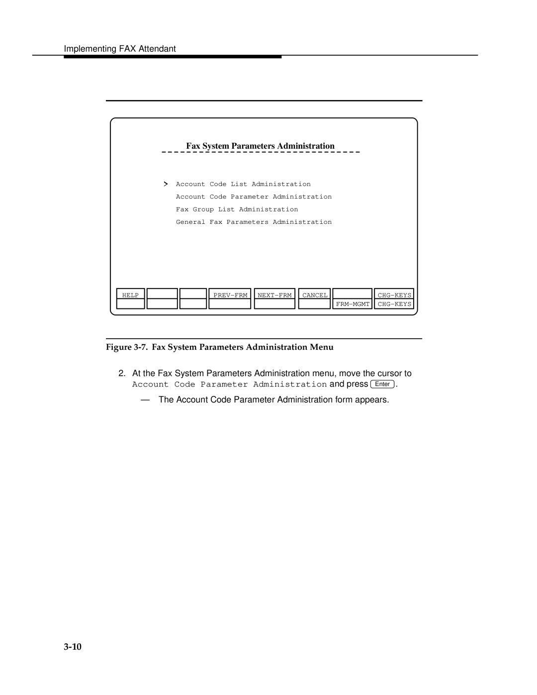 AT&T 2.1.1 manual Account Code Parameter Administration form appears 