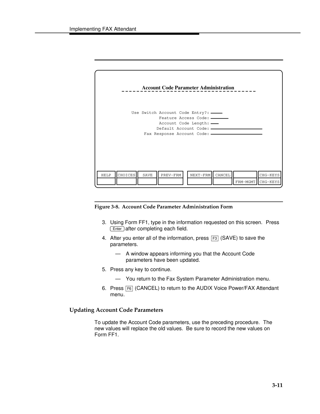 AT&T 2.1.1 manual Updating Account Code Parameters, Account Code Parameter Administration 