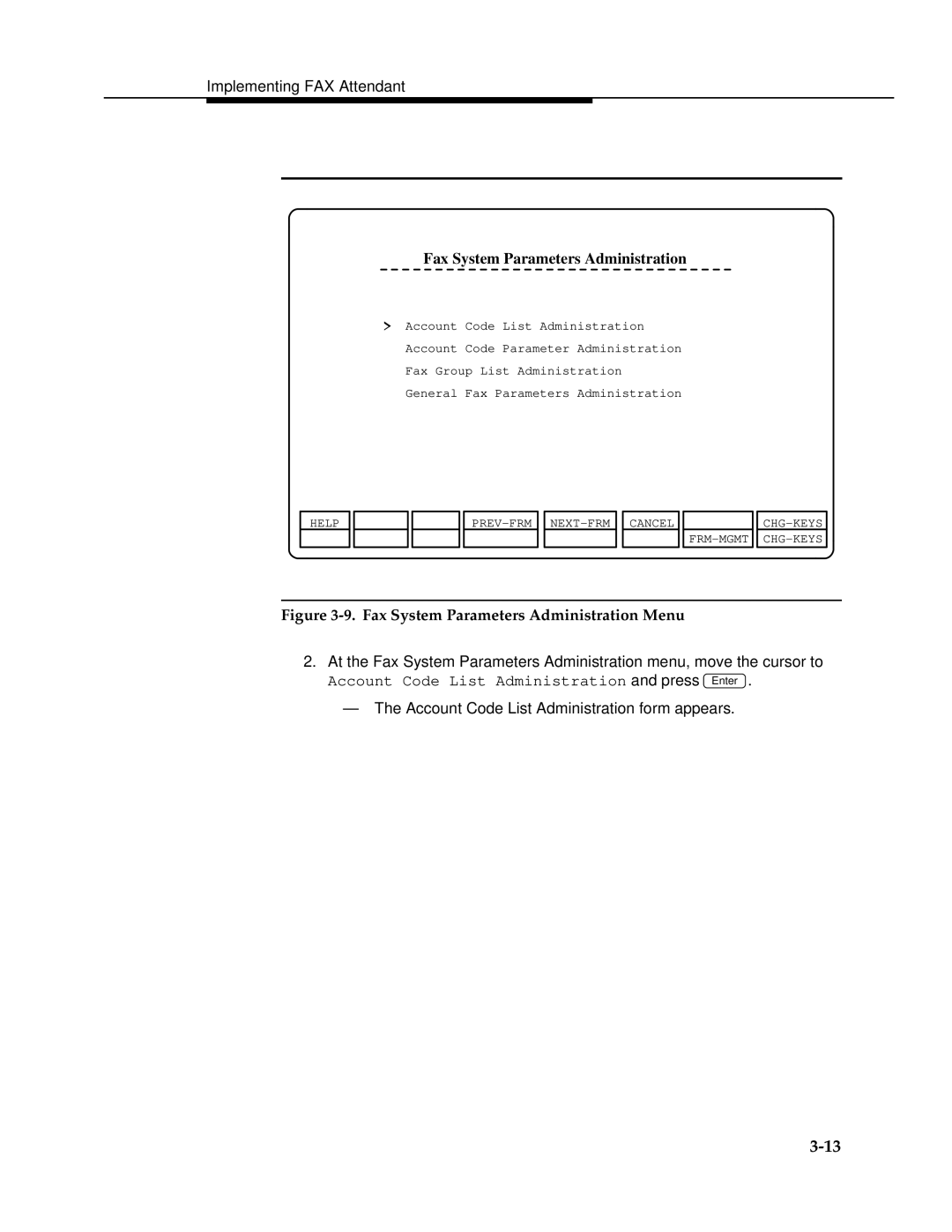 AT&T 2.1.1 manual Account Code List Administration form appears 