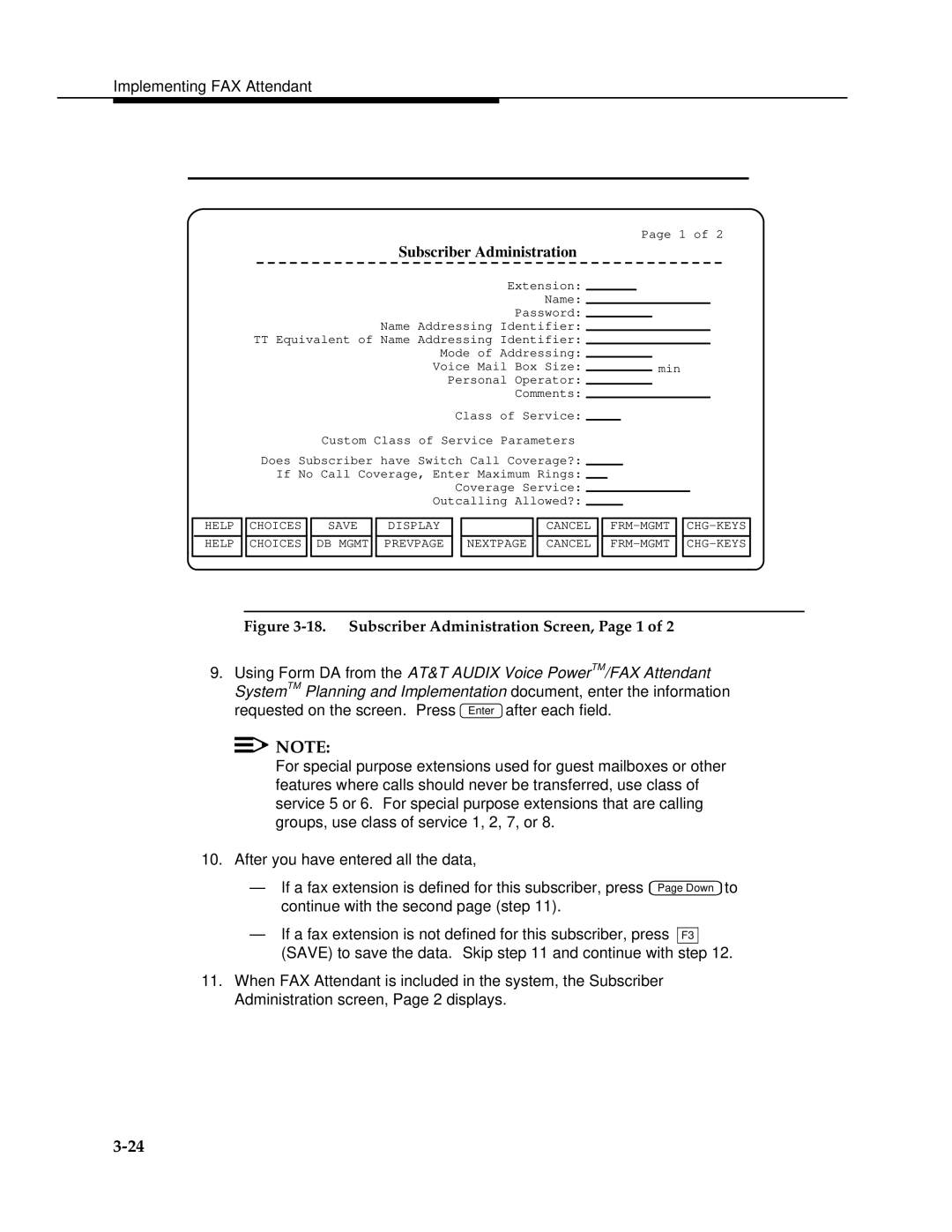 AT&T 2.1.1 manual Subscriber Administration Screen, Page 1 