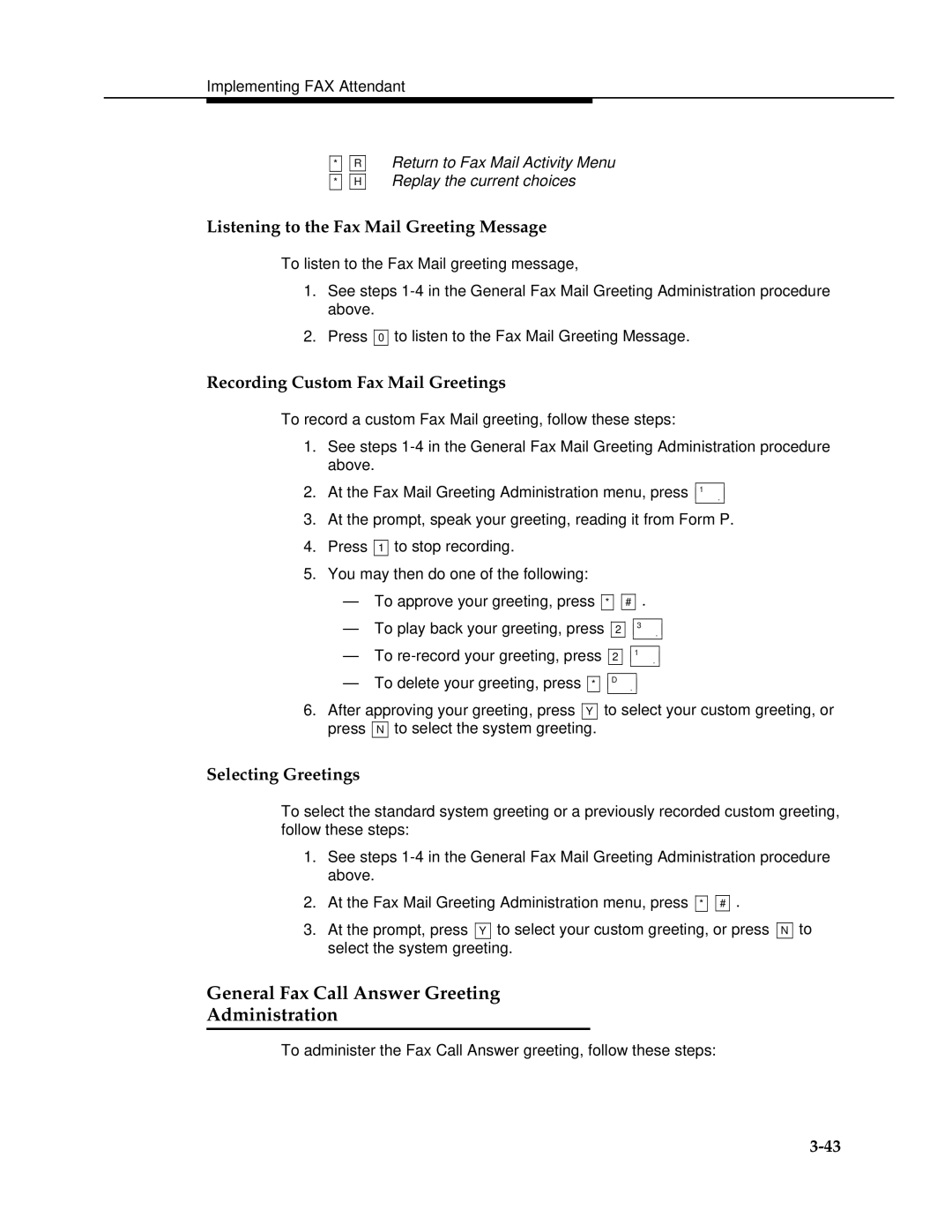 AT&T 2.1.1 manual General Fax Call Answer Greeting Administration, Listening to the Fax Mail Greeting Message 