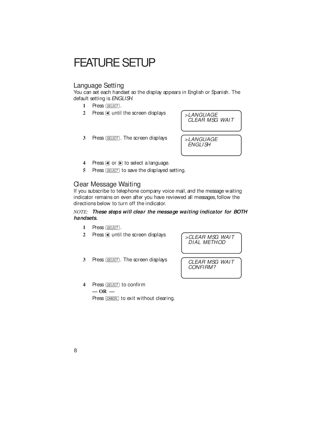 AT&T 2230 user manual Language Setting, Clear Message Waiting 