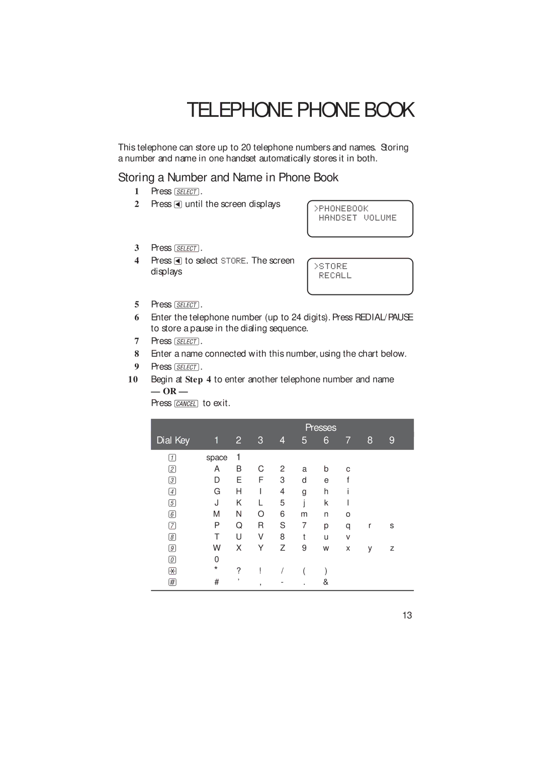 AT&T 2230 user manual Telephone Phone Book, Storing a Number and Name in Phone Book 