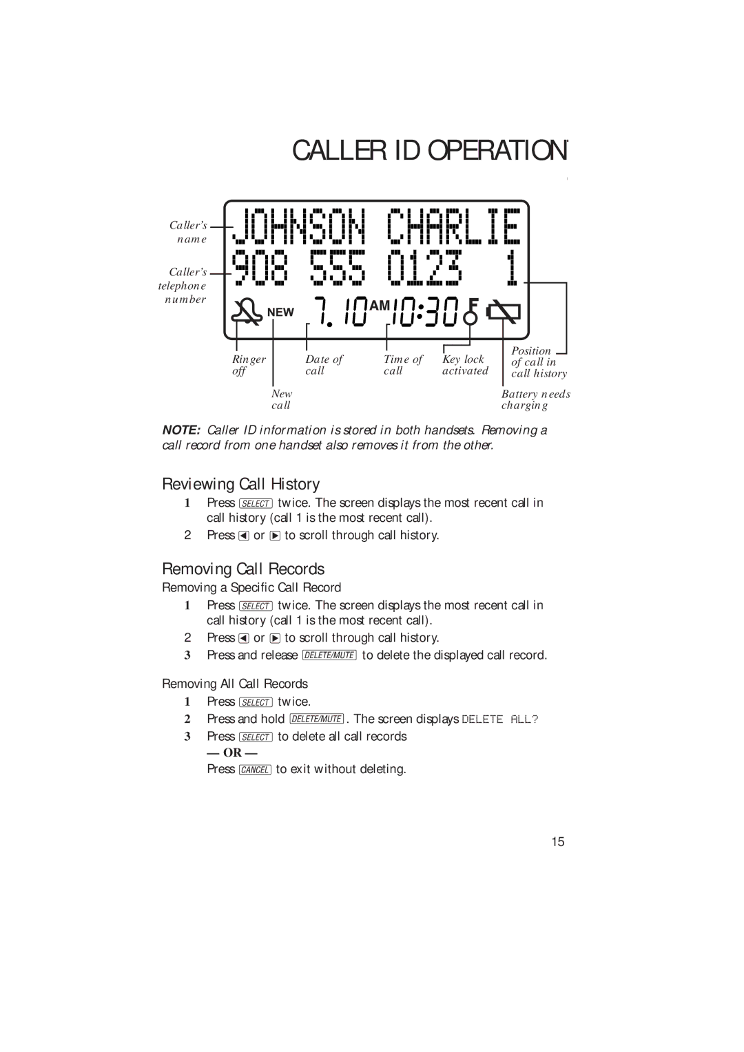 AT&T 2230 user manual Caller ID Operation, Reviewing Call History, Removing Call Records, Removing a Specific Call Record 