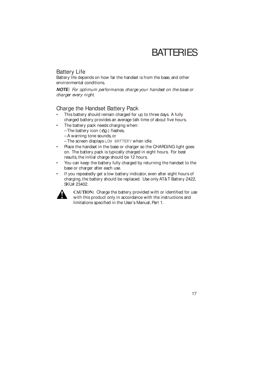 AT&T 2230 user manual Batteries, Battery Life, Charge the Handset Battery Pack 