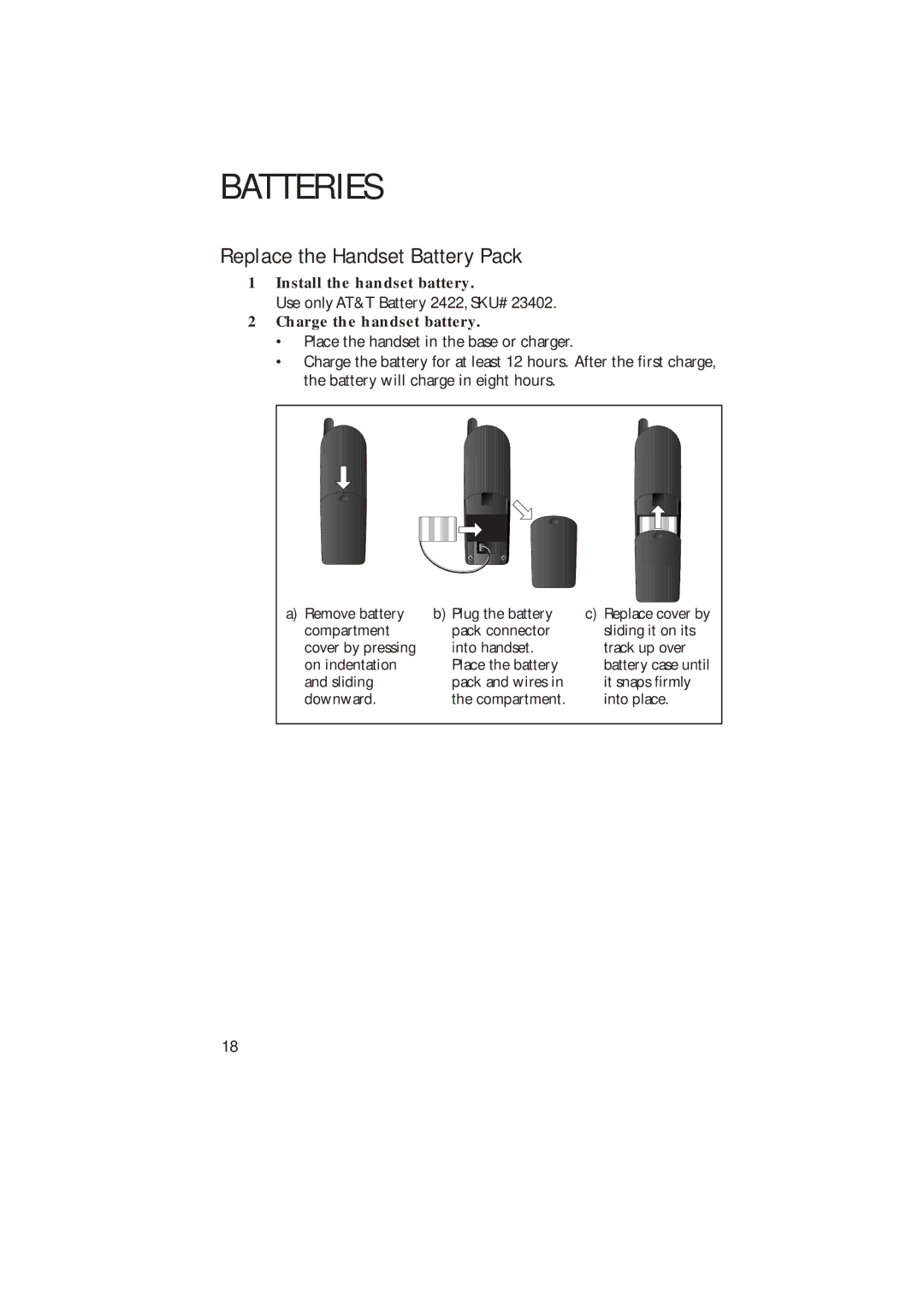 AT&T 2230 user manual Replace the Handset Battery Pack 