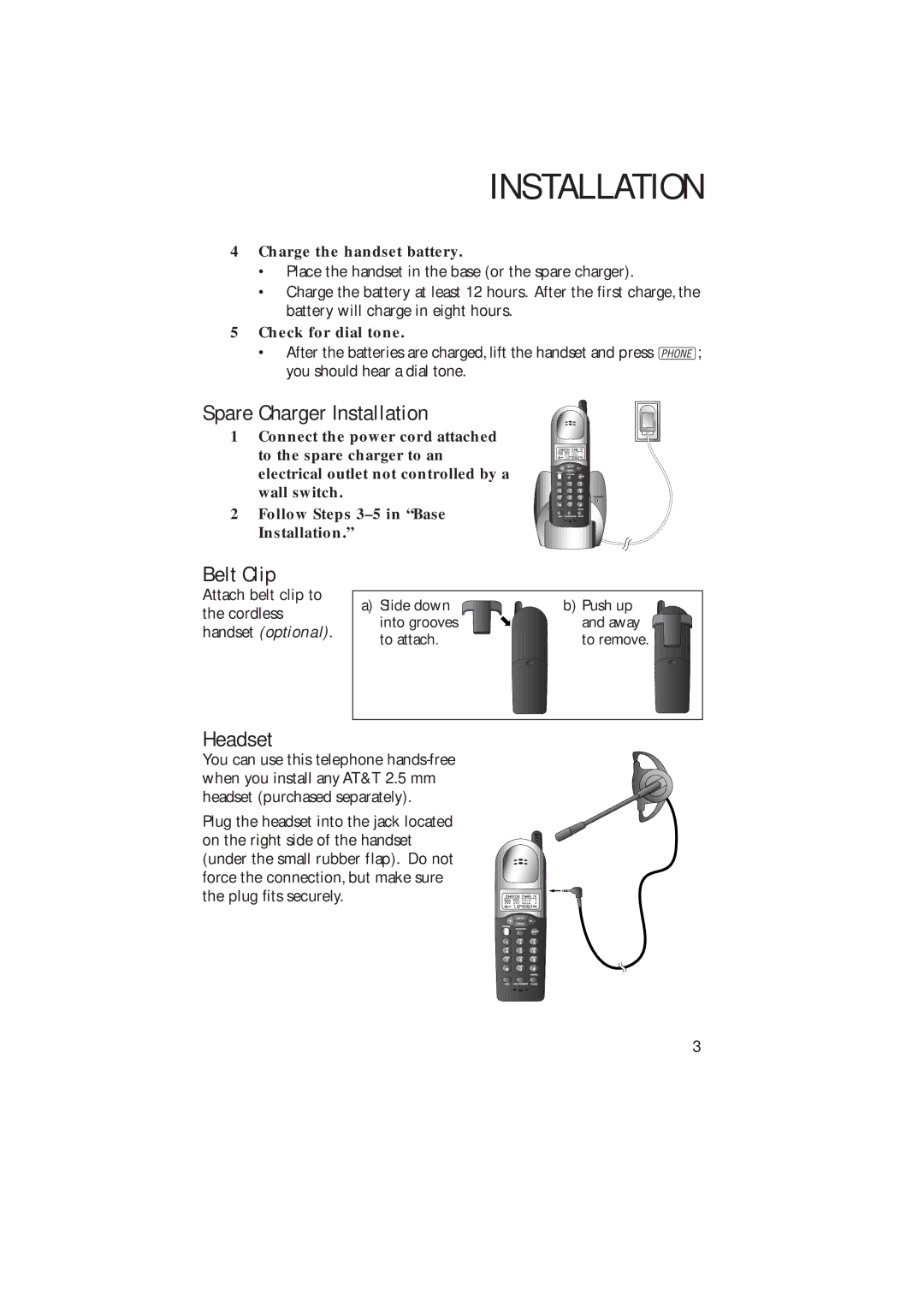 AT&T 2230 user manual Spare Charger Installation, Belt Clip, Headset 