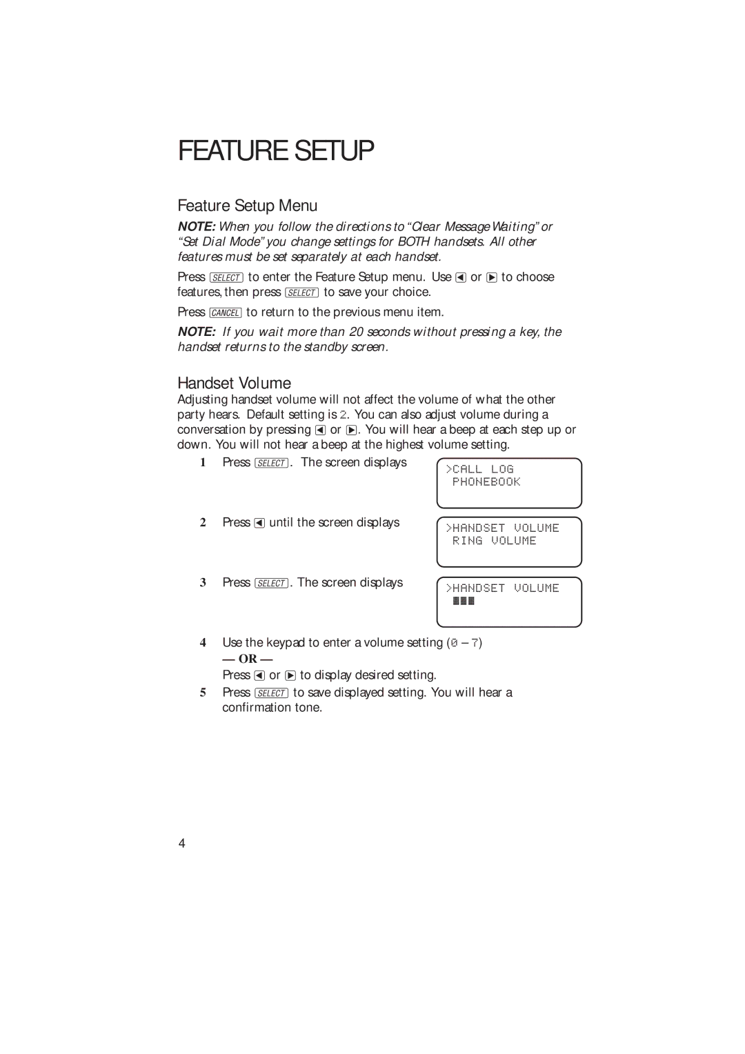 AT&T 2230 user manual Feature Setup Menu, Handset Volume 