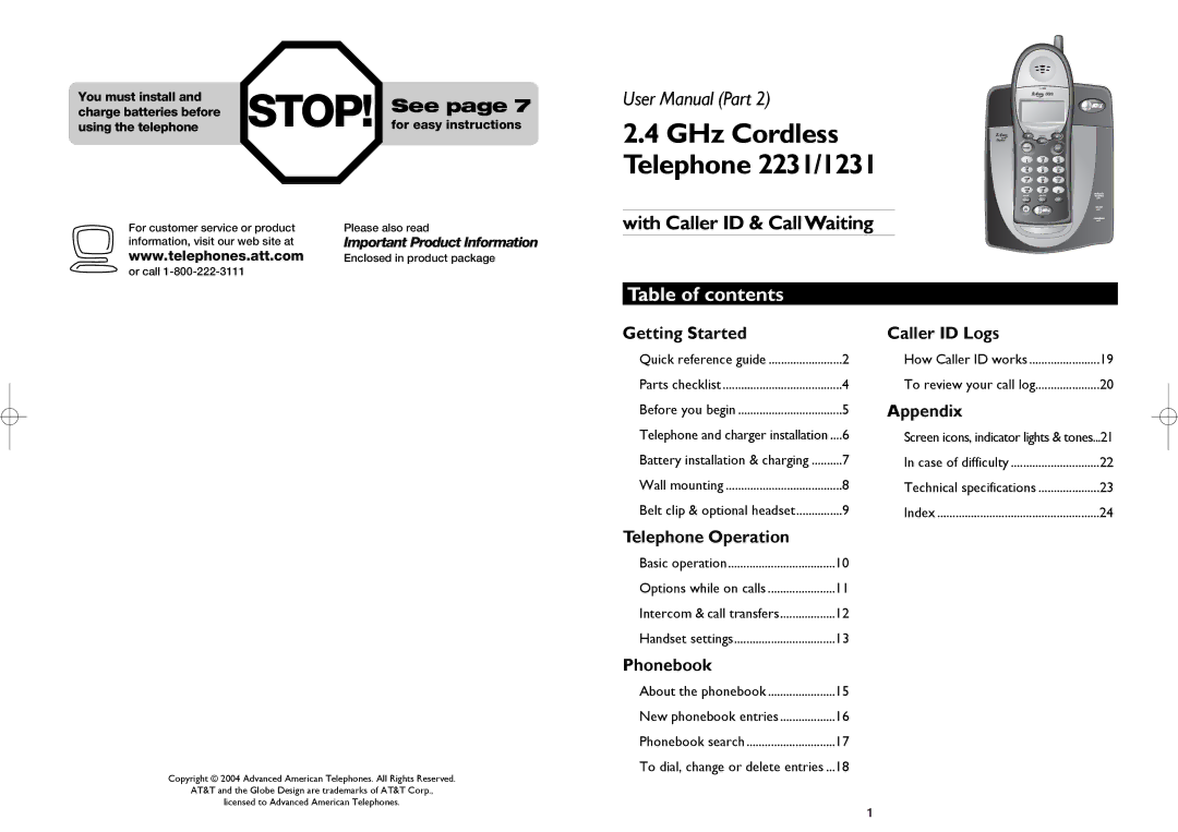 AT&T 2231, 1231 user manual Table of contents 