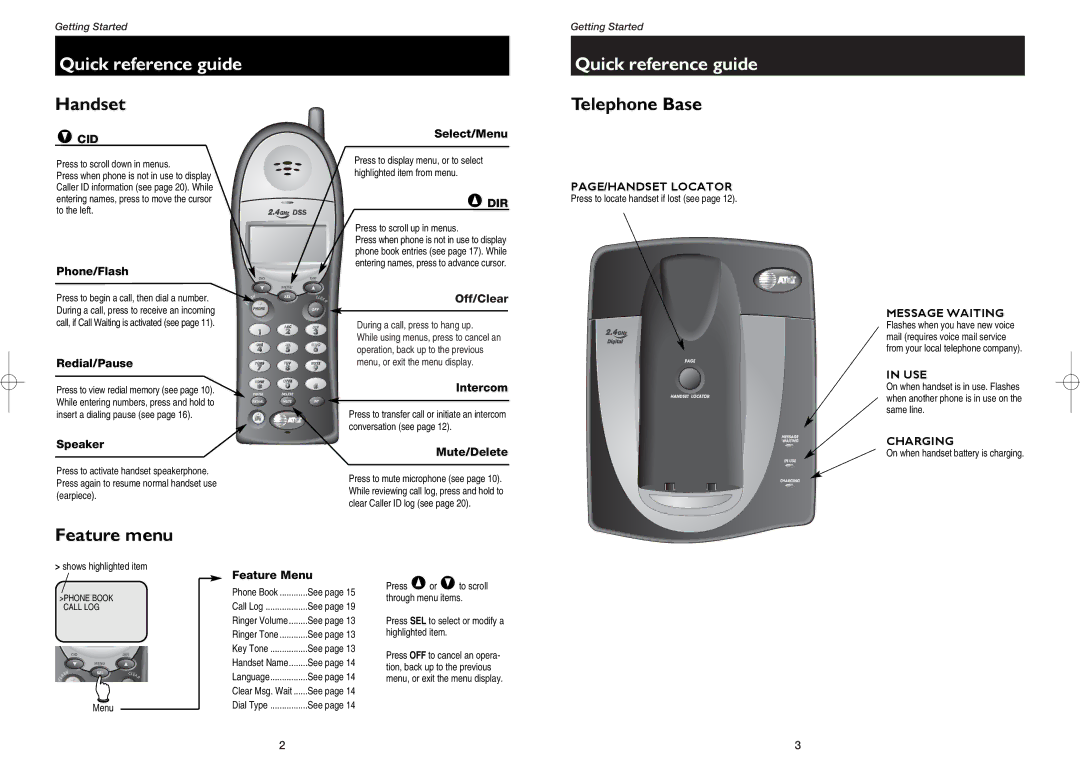 AT&T 1231, 2231 user manual Quick reference guide, Handset 