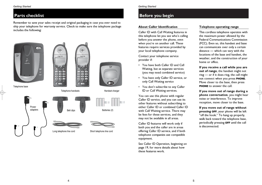 AT&T 2231, 1231 user manual Parts checklist, Before you begin, About Caller Identification, Telephone operating range 