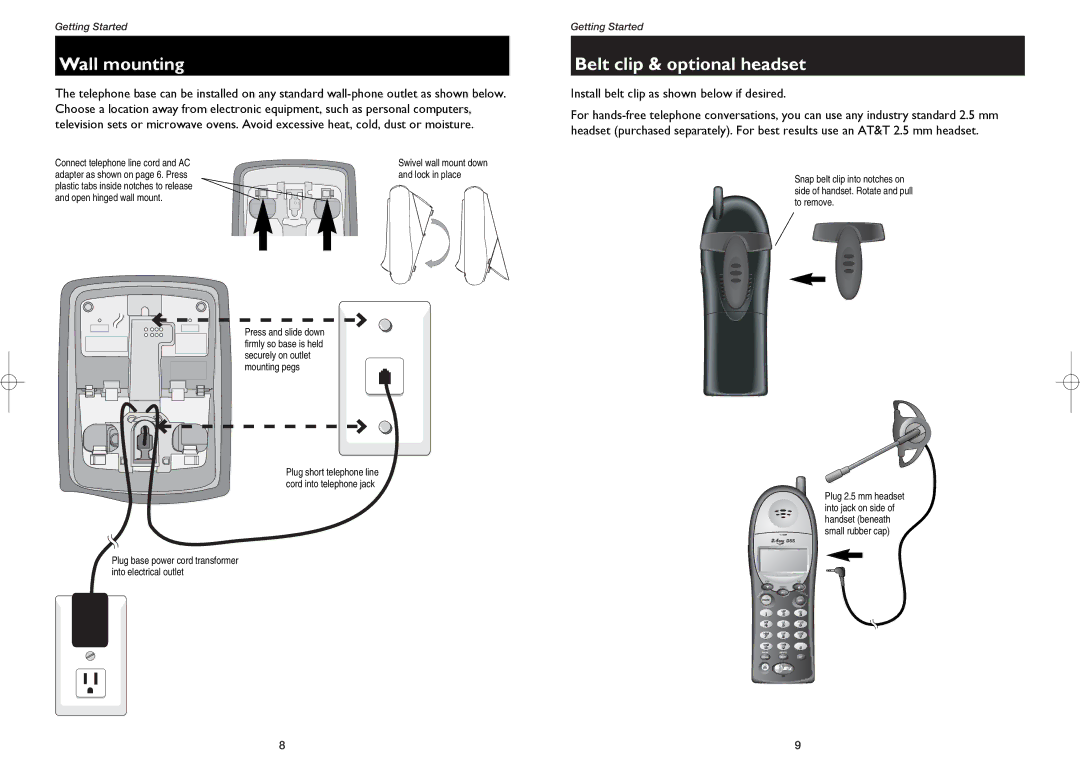 AT&T 2231, 1231 user manual Wall mounting, Belt clip & optional headset 