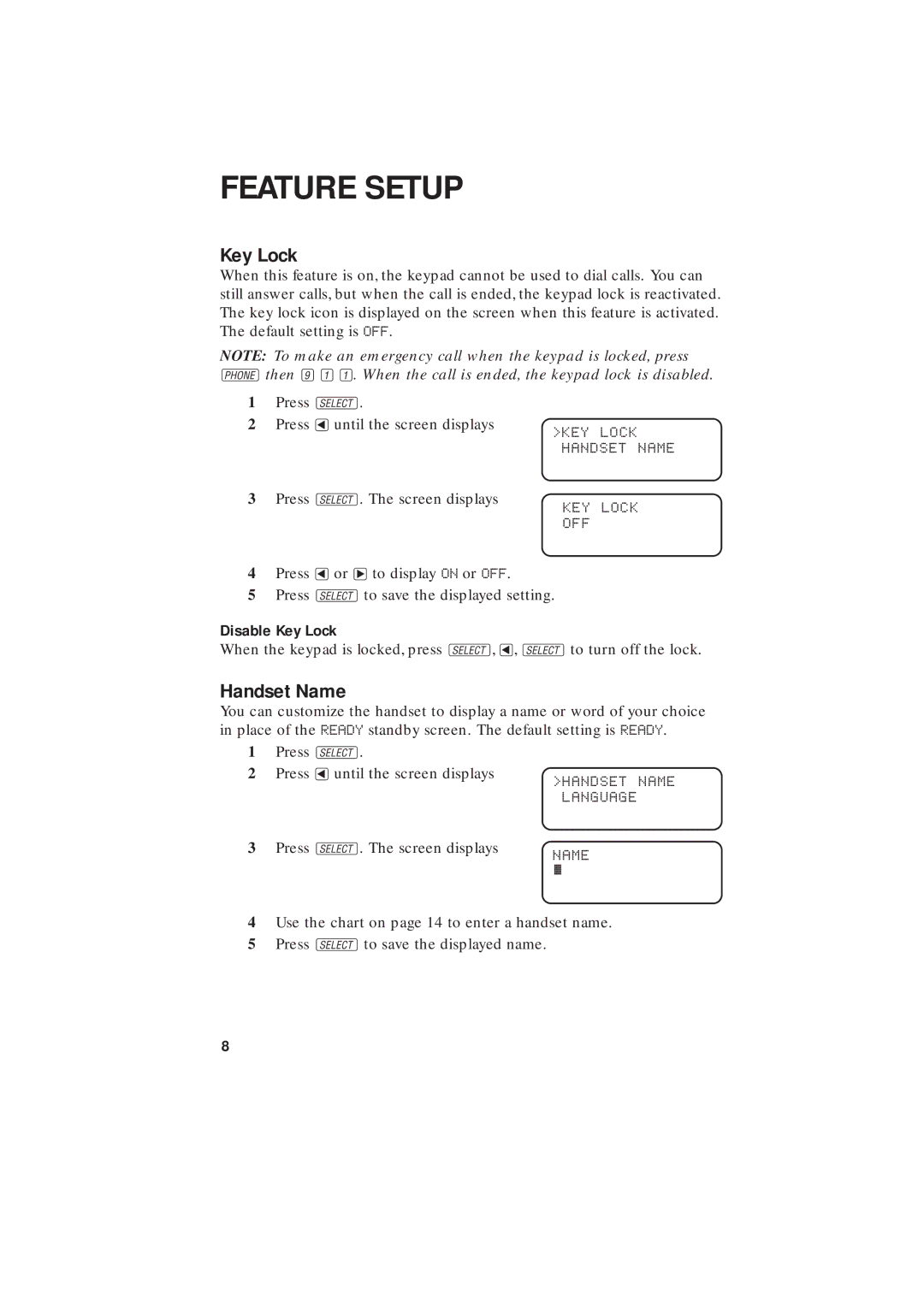 AT&T 2255 user manual Handset Name, Disable Key Lock 