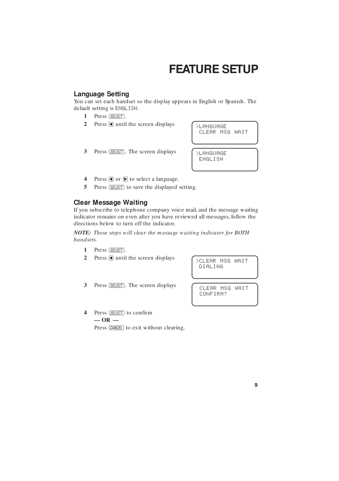 AT&T 2255 user manual Language Setting, Clear Message Waiting 