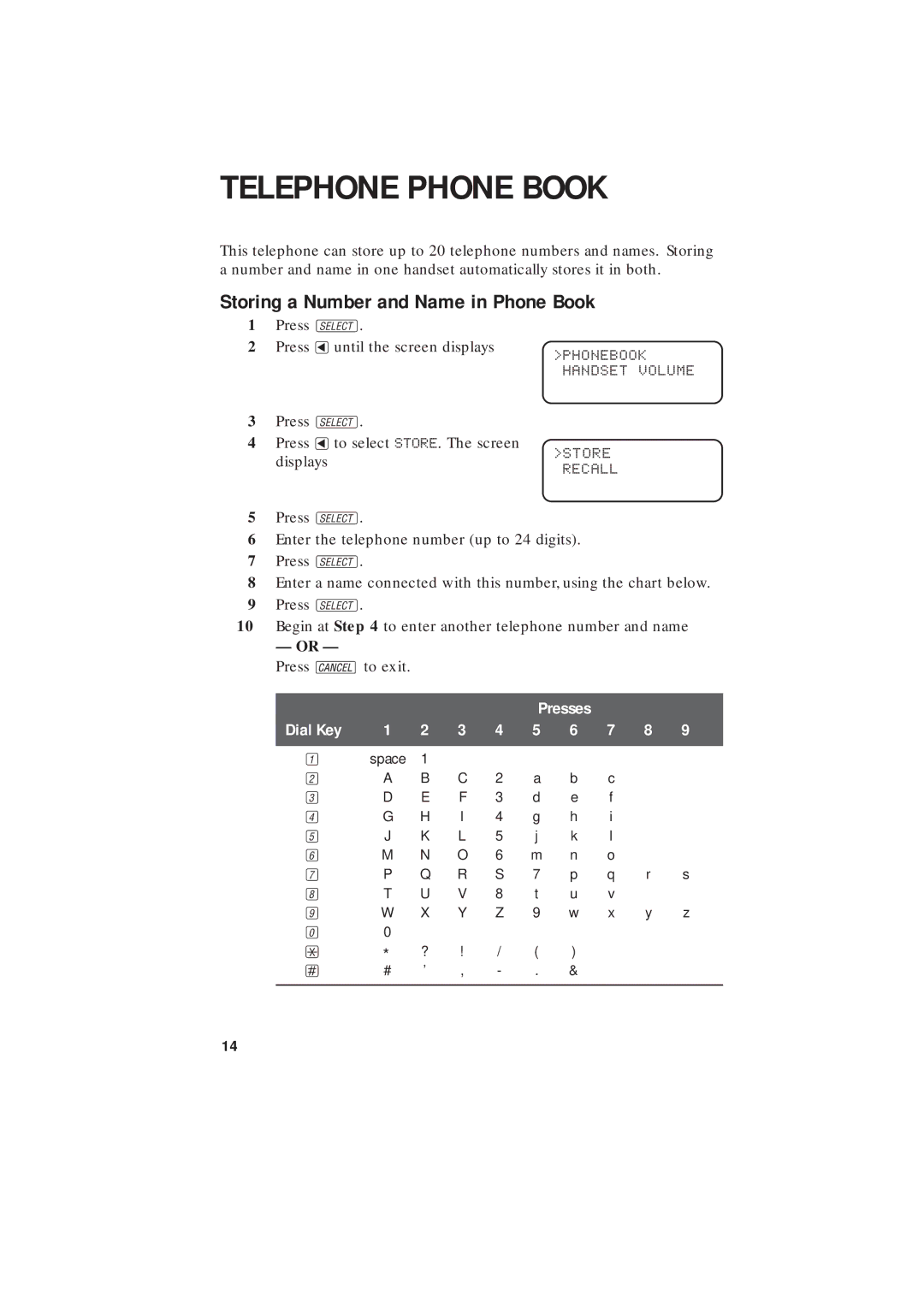 AT&T 2255 user manual Telephone Phone Book, Storing a Number and Name in Phone Book 