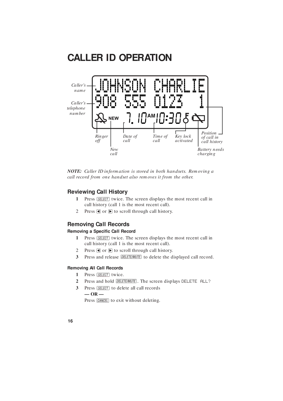 AT&T 2255 user manual Caller ID Operation, Reviewing Call History, Removing Call Records, Removing a Specific Call Record 