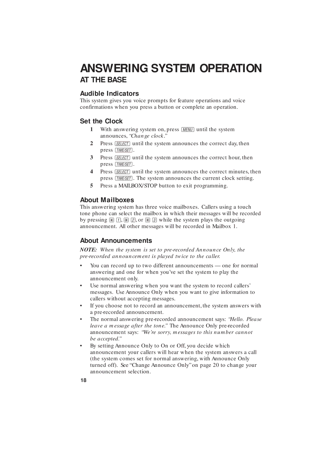 AT&T 2255 user manual Answering System Operation, Audible Indicators, Set the Clock, About Mailboxes, About Announcements 