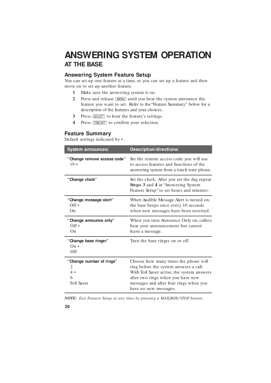 AT&T 2255 user manual Answering System Feature Setup, Feature Summary 