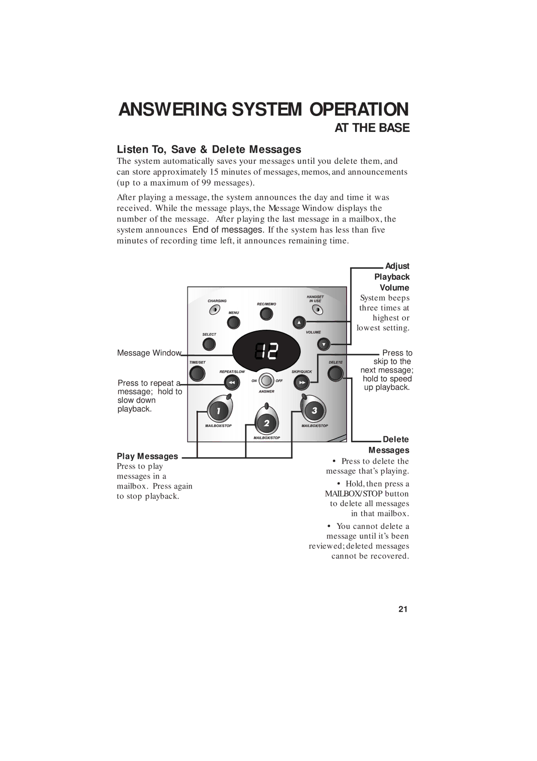 AT&T 2255 user manual Listen To, Save & Delete Messages, Play Messages, Adjust Playback Volume 