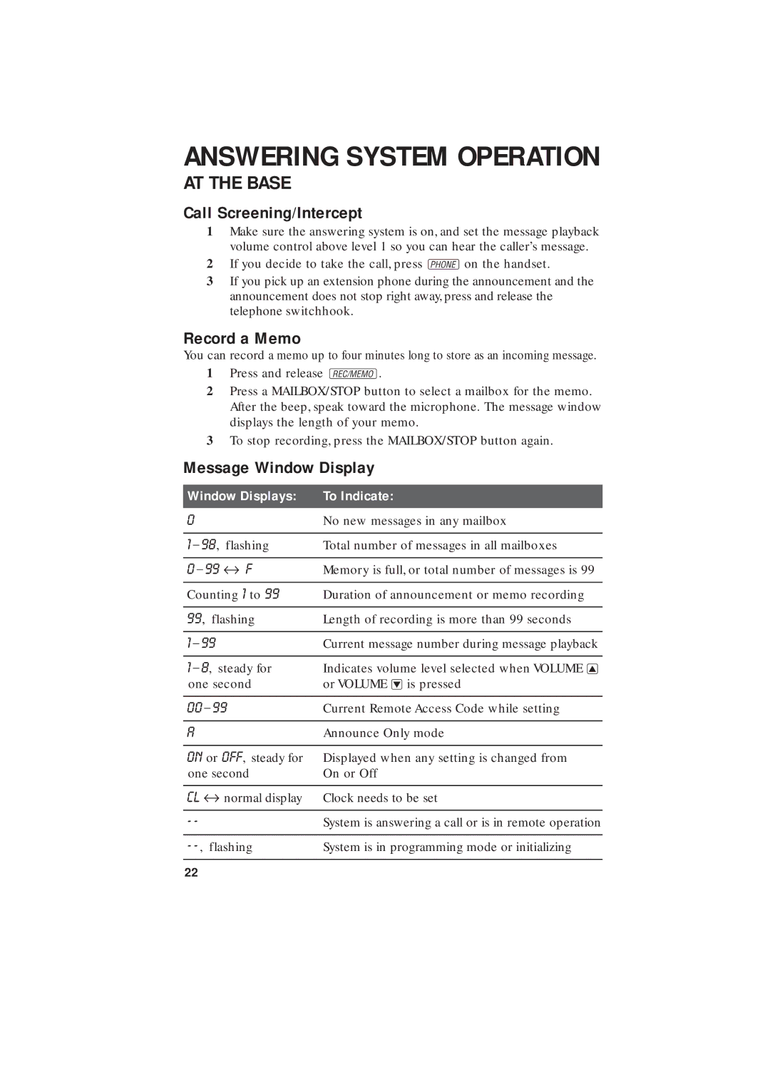 AT&T 2255 user manual Call Screening/Intercept, Record a Memo, Message Window Display 