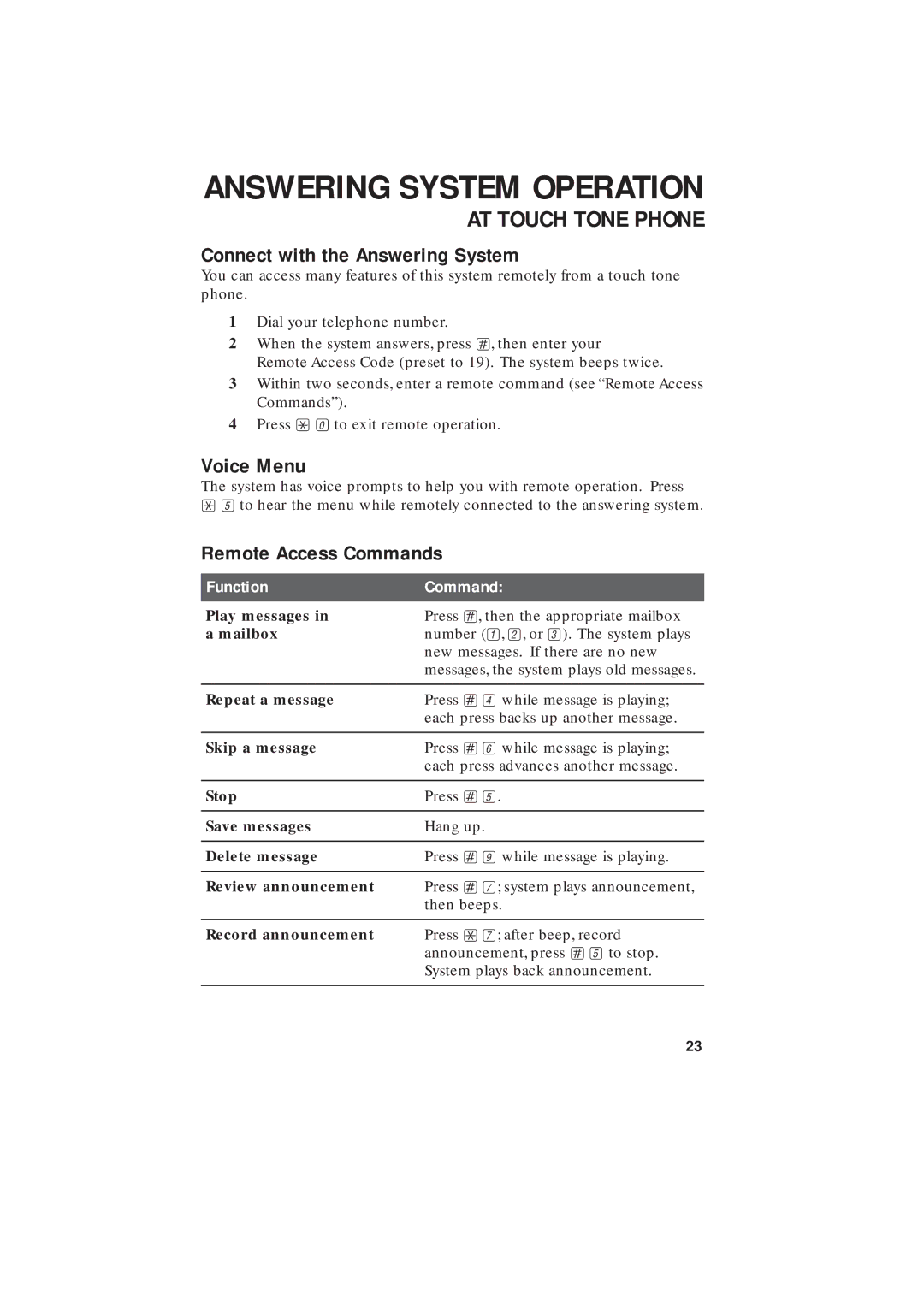 AT&T 2255 user manual Connect with the Answering System, Voice Menu, Remote Access Commands 