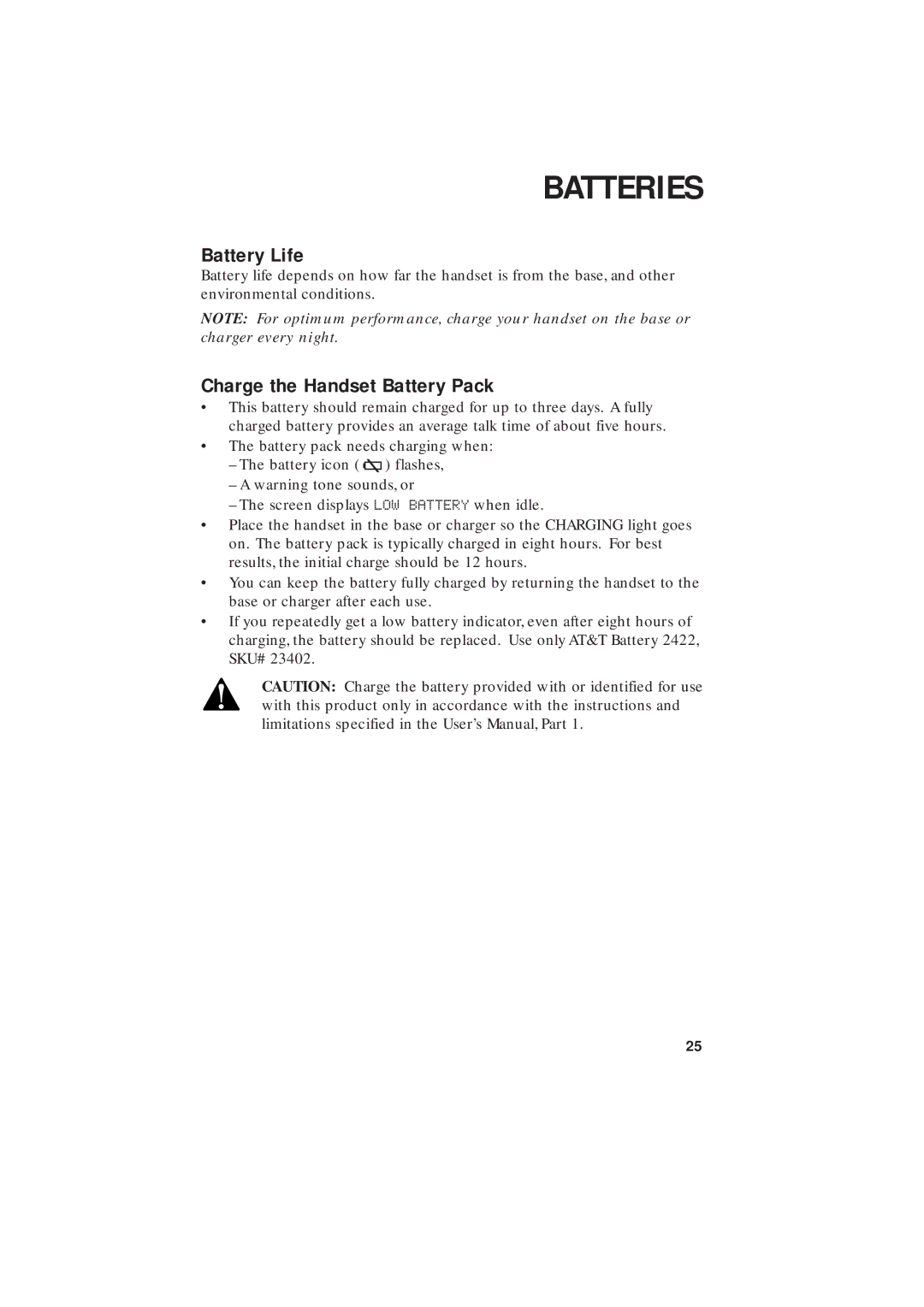 AT&T 2255 user manual Batteries, Battery Life, Charge the Handset Battery Pack 