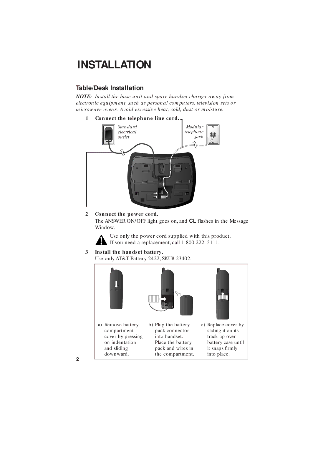 AT&T 2255 user manual Table/Desk Installation, Connect the telephone line cord, Connect the power cord 