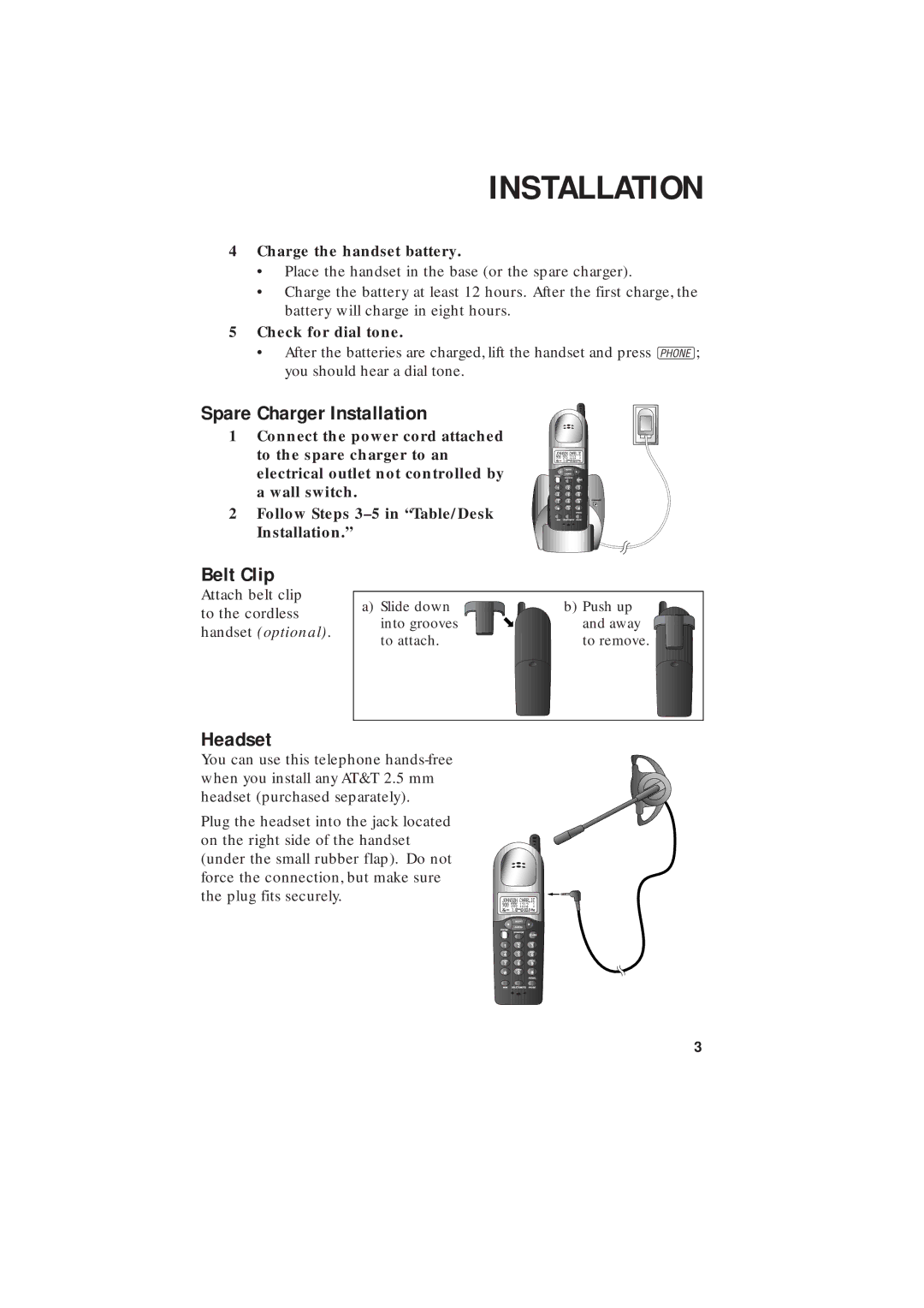 AT&T 2255 user manual Spare Charger Installation, Belt Clip, Headset, Charge the handset battery, Check for dial tone 