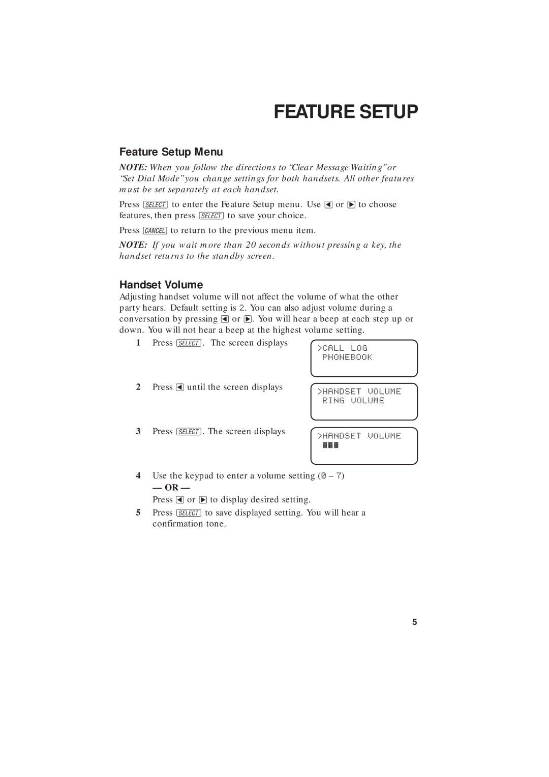 AT&T 2255 user manual Feature Setup Menu, Handset Volume 